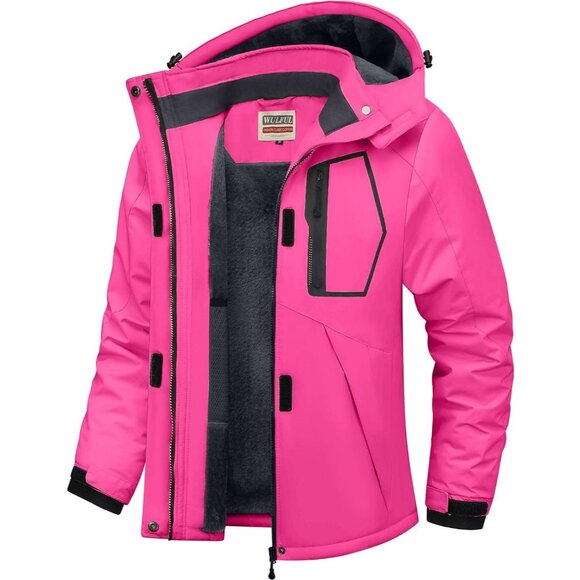 Women's Rose Red Waterproof Ski Jacket Warm Winter Coats Windproof with Hood